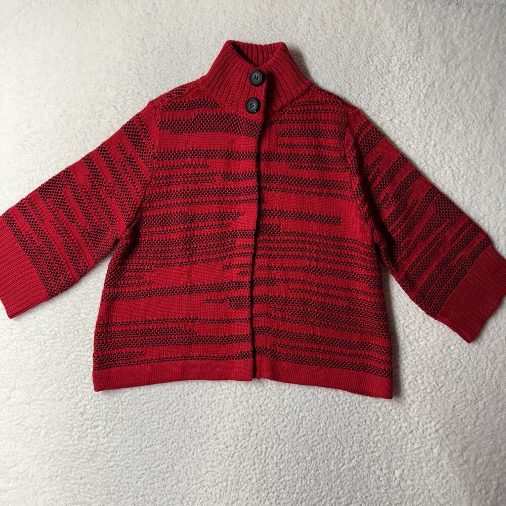 Chicos Size 2 L Kendra Cropped Dot Cardigan 3/4 Sleeve Mock Neck Knit Red Black